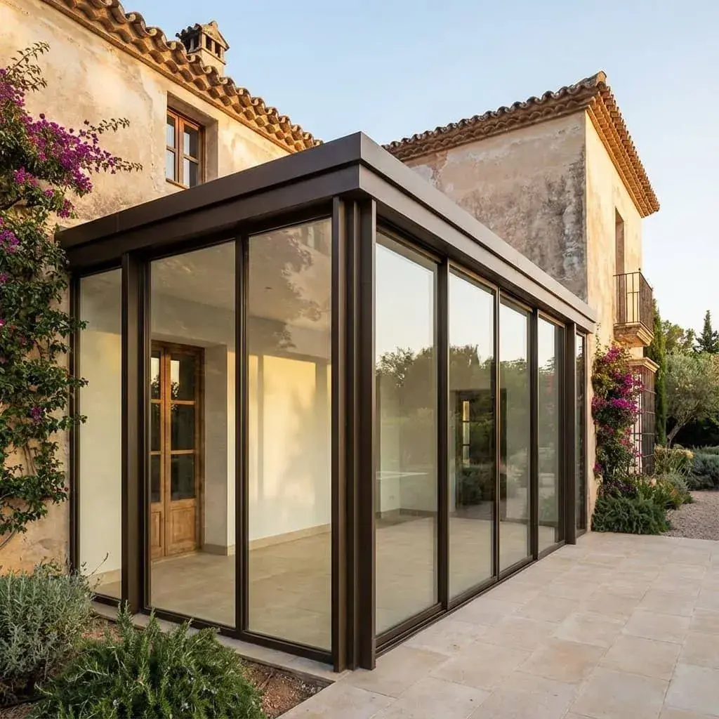 Cerramiento de porche con estructura de hierro y cristal