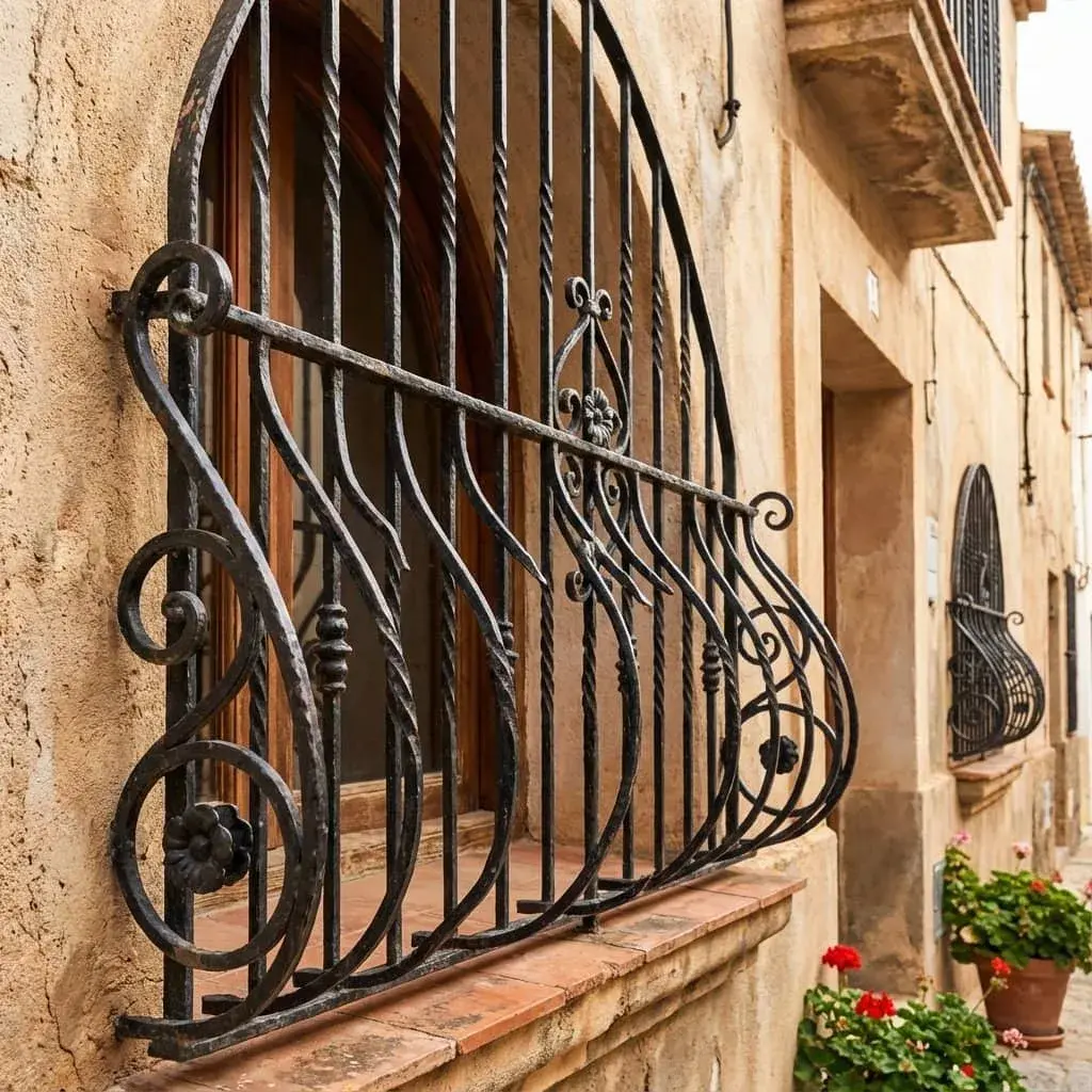Reja de forja artística con macollas en ventana rústica