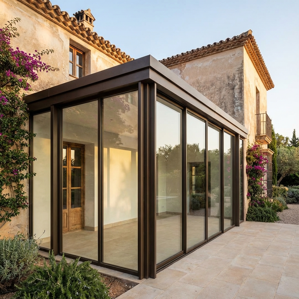 Cerramiento de porche con estructura de hierro y cristal